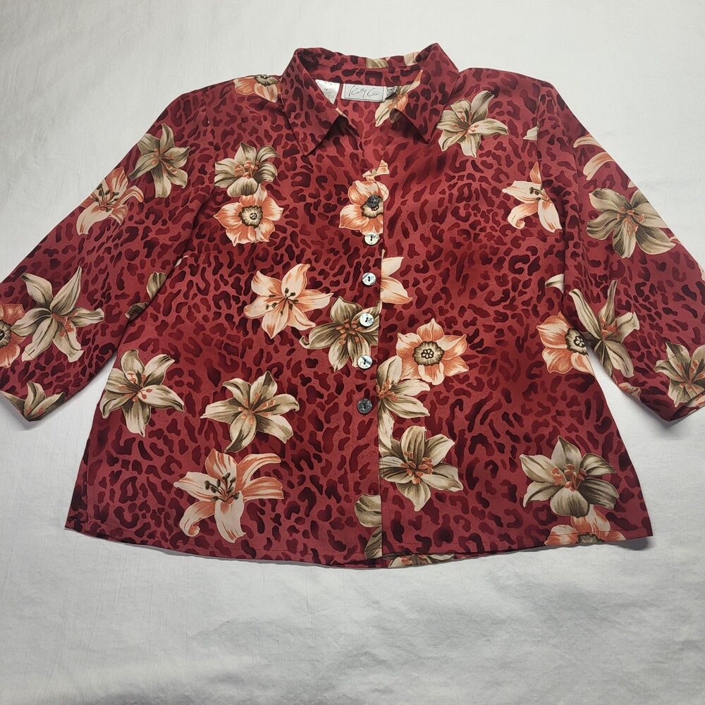 Kathy Che Sz 14 Lightweight Burgundy Polyester Blouse Floral Cheetah 3/4 Sleeve